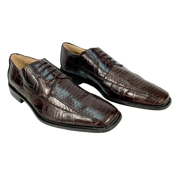 Stacy Adams | Mens 9 1/2M | Genuine Snake &amp; Leather Brown Square Toe Derby Shoes
