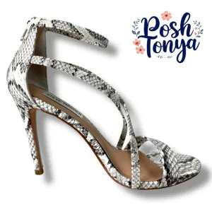 Steve Madden High Heels Snake Print Strappy Round Toe Sexy Edgy, White, Size 6.5