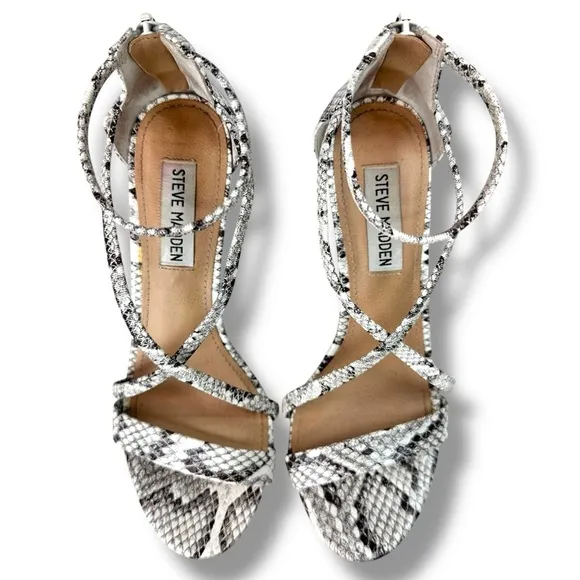 Steve Madden High Heels Snake Print Strappy Round Toe Sexy Edgy, White, Size 6.5