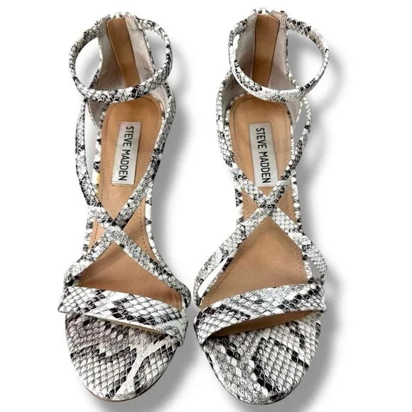 Steve Madden High Heels Snake Print Strappy Round Toe Sexy Edgy, White, Size 6.5