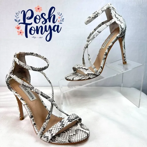 Steve Madden High Heels Snake Print Strappy Round Toe Sexy Edgy, White, Size 6.5