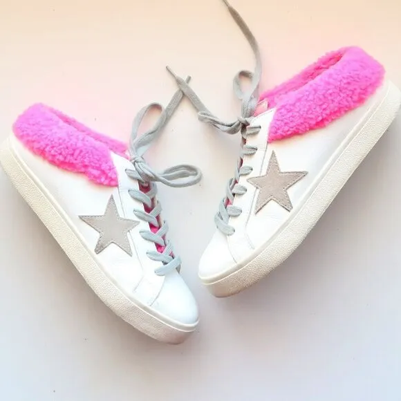 Steve Madden Polaris White Leather &amp; Pink Sherpa Lace-up Star Sneakers Shoes 8