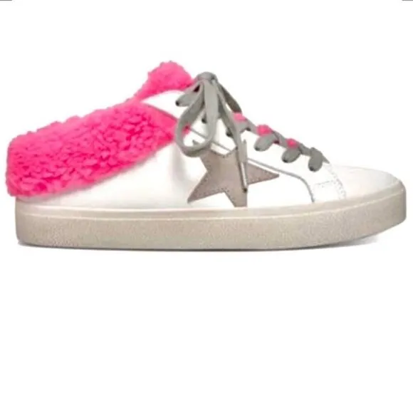 Steve Madden Polaris White Leather &amp; Pink Sherpa Lace-up Star Sneakers Shoes 8