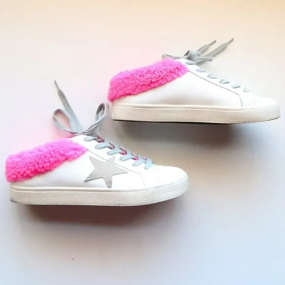 Steve Madden Polaris White Leather &amp; Pink Sherpa Lace-up Star Sneakers Shoes 8
