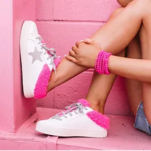 Steve Madden Polaris White Leather &amp; Pink Sherpa Lace-up Star Sneakers Shoes 8