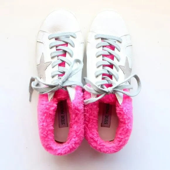 Steve Madden Polaris White Leather &amp; Pink Sherpa Lace-up Star Sneakers Shoes 8