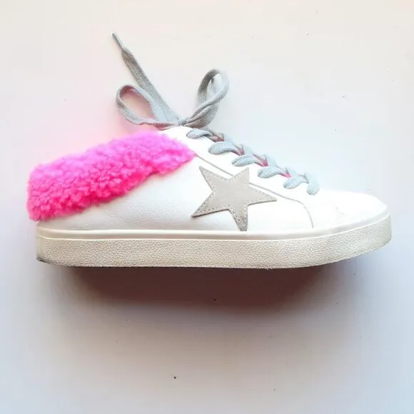 Steve Madden Polaris White Leather &amp; Pink Sherpa Lace-up Star Sneakers Shoes 8