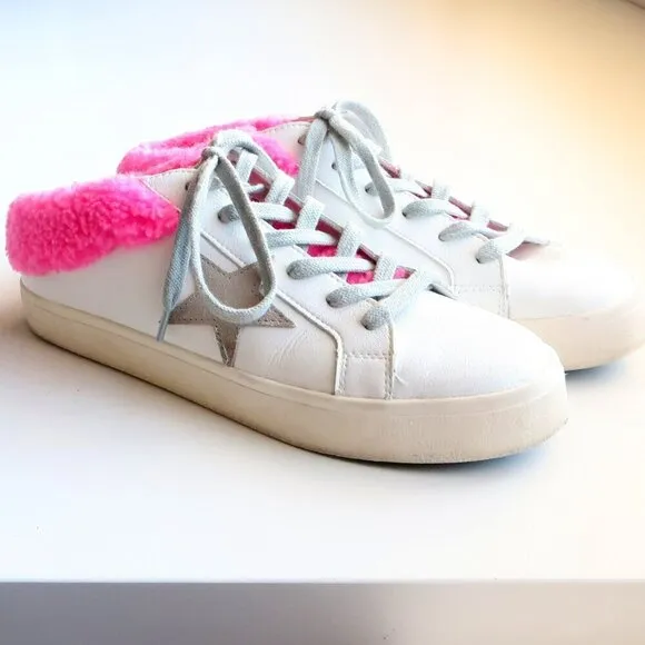 Steve Madden Polaris White Leather &amp; Pink Sherpa Lace-up Star Sneakers Shoes 8
