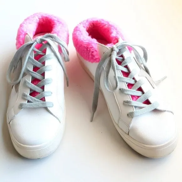 Steve Madden Polaris White Leather &amp; Pink Sherpa Lace-up Star Sneakers Shoes 8