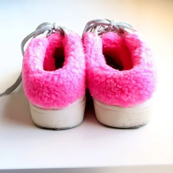 Steve Madden Polaris White Leather &amp; Pink Sherpa Lace-up Star Sneakers Shoes 8