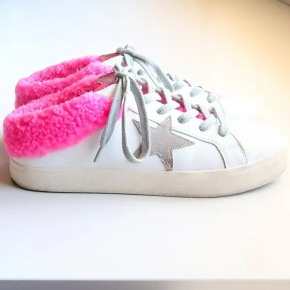 Steve Madden Polaris White Leather &amp; Pink Sherpa Lace-up Star Sneakers Shoes 8