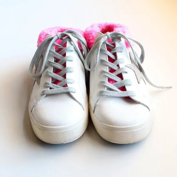 Steve Madden Polaris White Leather &amp; Pink Sherpa Lace-up Star Sneakers Shoes 8
