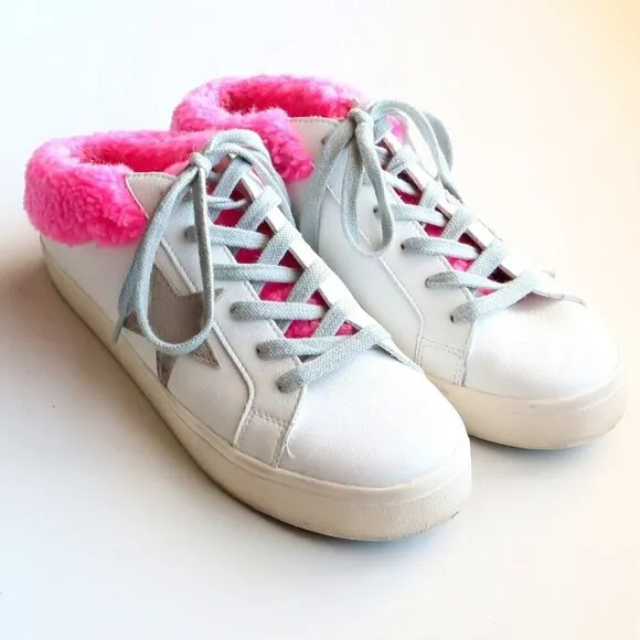 Steve Madden Polaris White Leather &amp; Pink Sherpa Lace-up Star Sneakers Shoes 8