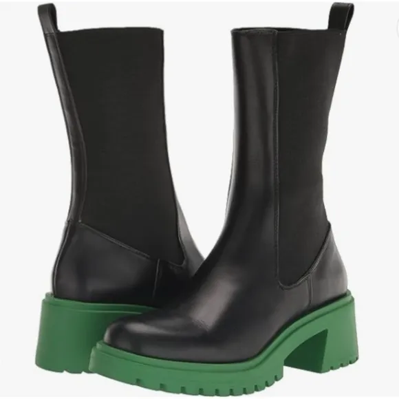 Steve Madden Women's Hesitant Fashion Leather Boot Multi Sizes Black &amp; Green NEW