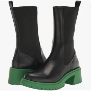 Steve Madden Women's Hesitant Fashion Leather Boot Multi Sizes Black &amp; Green NEW