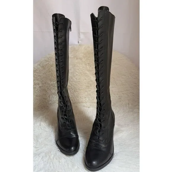 Steve Madden Women's Lace Up Boots Gladiator Black Leather Knee High  Sz 8.5