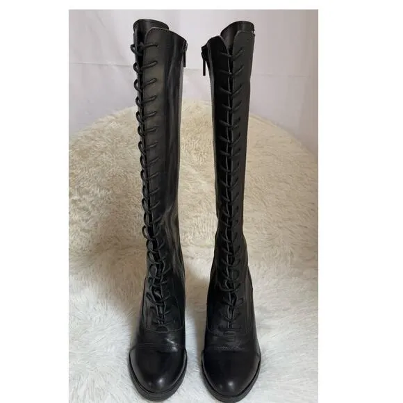 Steve Madden Women's Lace Up Boots Gladiator Black Leather Knee High  Sz 8.5