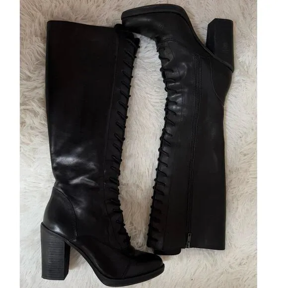 Steve Madden Women's Lace Up Boots Gladiator Black Leather Knee High  Sz 8.5