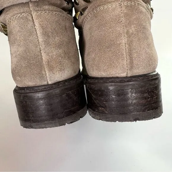 Stuart Weitzman Arctica Suede Studded Pull On Boots Slouchy Faux Fur Taupe 7