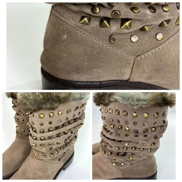 Stuart Weitzman Arctica Suede Studded Pull On Boots Slouchy Faux Fur Taupe 7