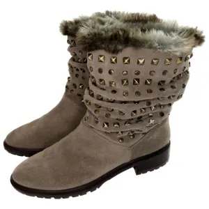 Stuart Weitzman Arctica Suede Studded Pull On Boots Slouchy Faux Fur Taupe 7