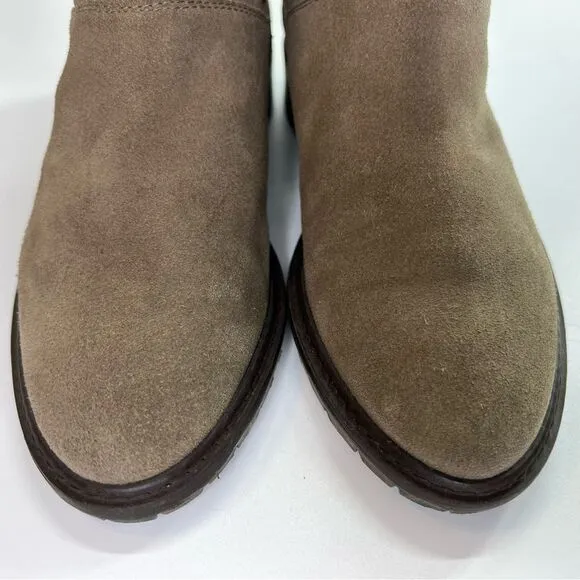Stuart Weitzman Arctica Suede Studded Pull On Boots Slouchy Faux Fur Taupe 7