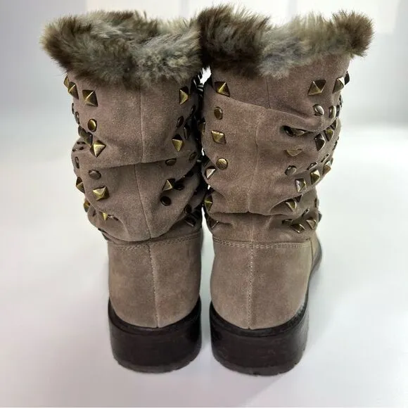 Stuart Weitzman Arctica Suede Studded Pull On Boots Slouchy Faux Fur Taupe 7