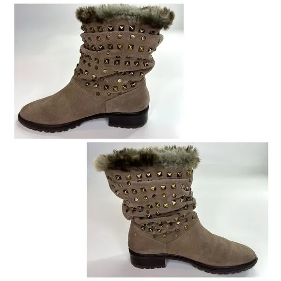 Stuart Weitzman Arctica Suede Studded Pull On Boots Slouchy Faux Fur Taupe 7