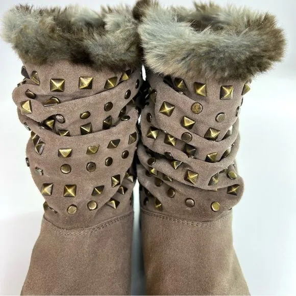 Stuart Weitzman Arctica Suede Studded Pull On Boots Slouchy Faux Fur Taupe 7