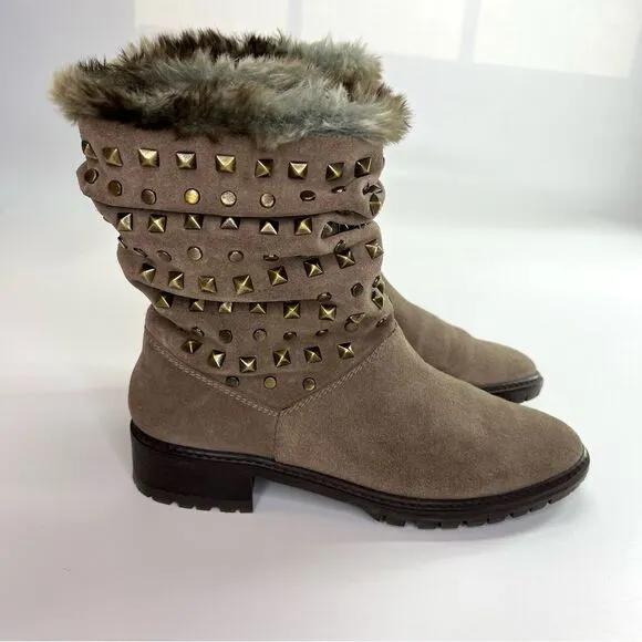 Stuart Weitzman Arctica Suede Studded Pull On Boots Slouchy Faux Fur Taupe 7