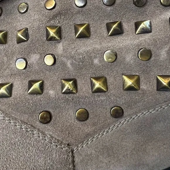 Stuart Weitzman Arctica Suede Studded Pull On Boots Slouchy Faux Fur Taupe 7