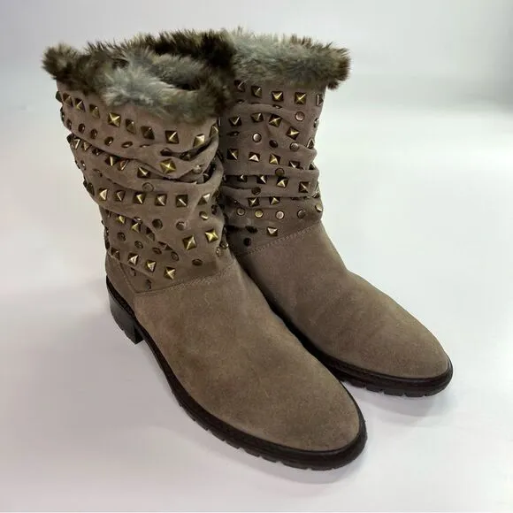 Stuart Weitzman Arctica Suede Studded Pull On Boots Slouchy Faux Fur Taupe 7