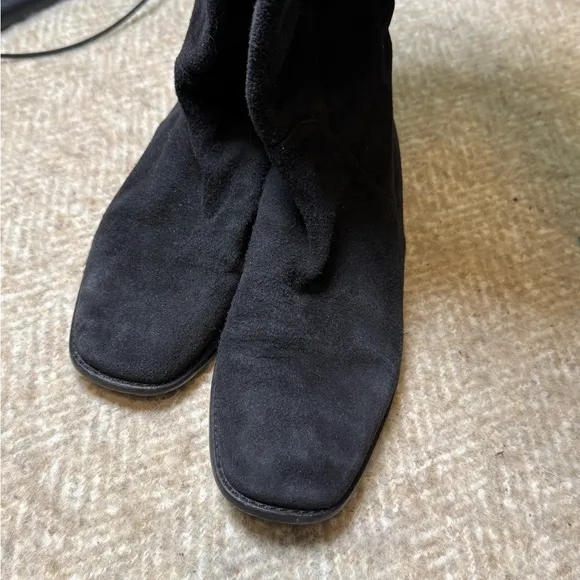 Stuart Weitzman Black Suede Knee-High Boots, Size 6.5 – Gold Back Zippers