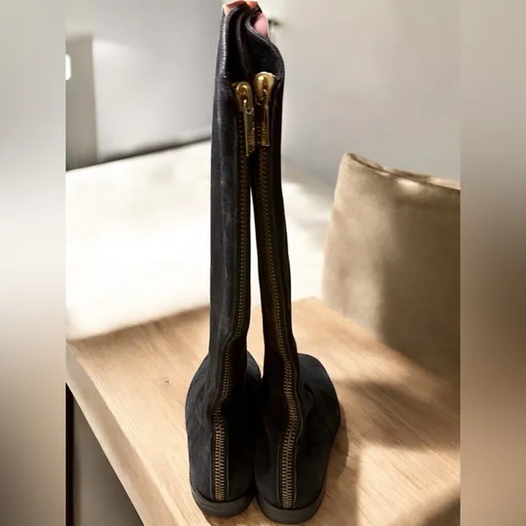 Stuart Weitzman Black Suede Knee-High Boots, Size 6.5 – Gold Back Zippers