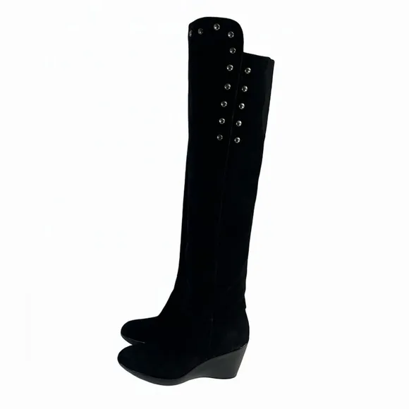 Stuart Weitzman Black Suede Studded Wedge Over-the-Knee Boots 9