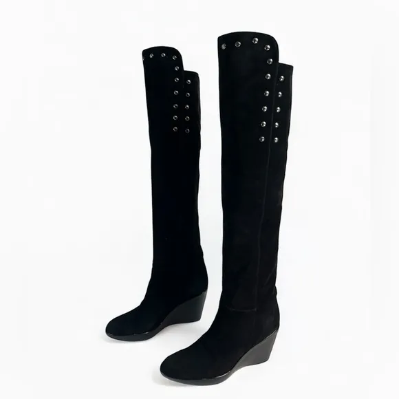 Stuart Weitzman Black Suede Studded Wedge Over-the-Knee Boots 9