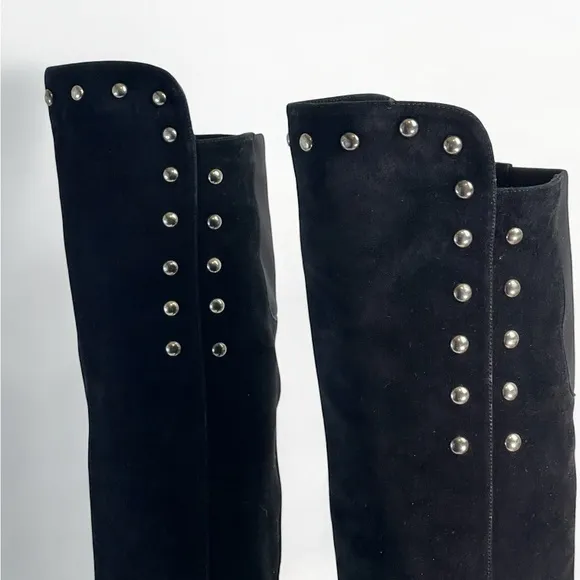 Stuart Weitzman Black Suede Studded Wedge Over-the-Knee Boots 9