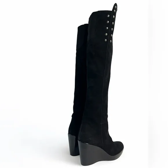 Stuart Weitzman Black Suede Studded Wedge Over-the-Knee Boots 9
