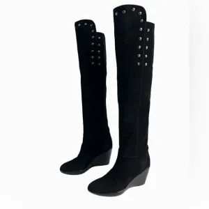 Stuart Weitzman Black Suede Studded Wedge Over-the-Knee Boots 9