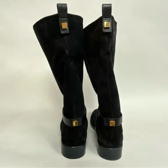 Stuart Weitzman Casey Boots Black Suede Leather Harness Riding Boot US 9.5 $695