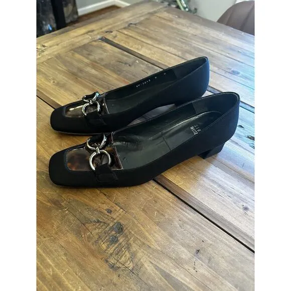 Stuart Weitzman Shoes Size 8 M Black Suede Square Toe Block Heels Pumps Classic