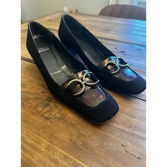 Stuart Weitzman Shoes Size 8 M Black Suede Square Toe Block Heels Pumps Classic