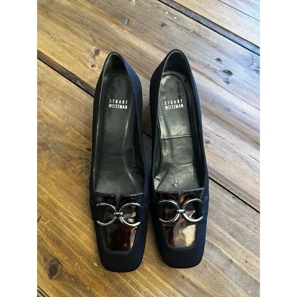 Stuart Weitzman Shoes Size 8 M Black Suede Square Toe Block Heels Pumps Classic