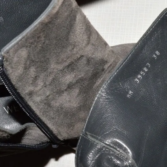 STUART WEITZMAN SZ 38 7.5 M GRAY SUEDE LEATHER BLOCK HEEL TIE BACK BOOTS BOOTIES