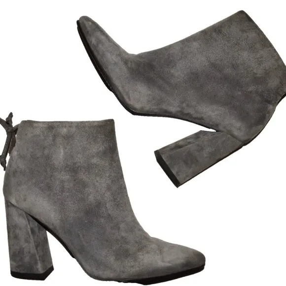 STUART WEITZMAN SZ 38 7.5 M GRAY SUEDE LEATHER BLOCK HEEL TIE BACK BOOTS BOOTIES