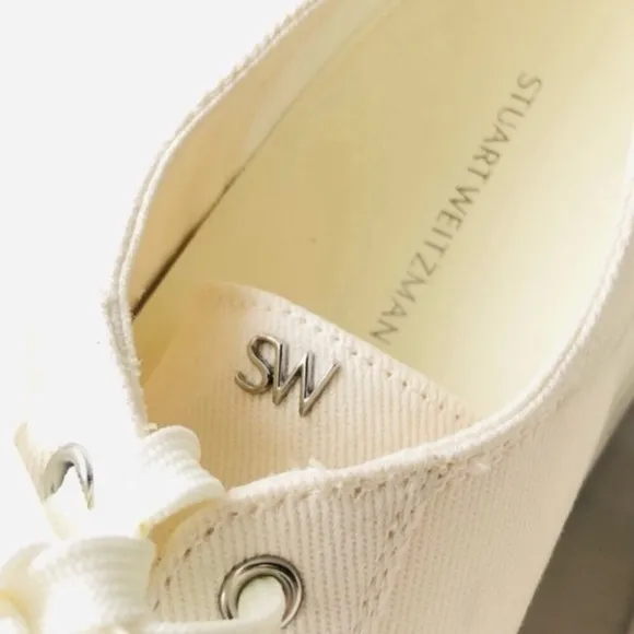 Stuart Weitzman White Canvas Classic Sneakers with Logo