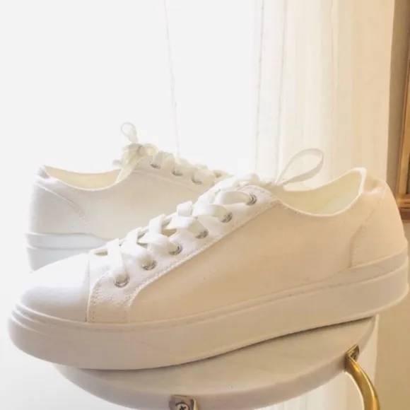 Stuart Weitzman White Canvas Classic Sneakers with Logo