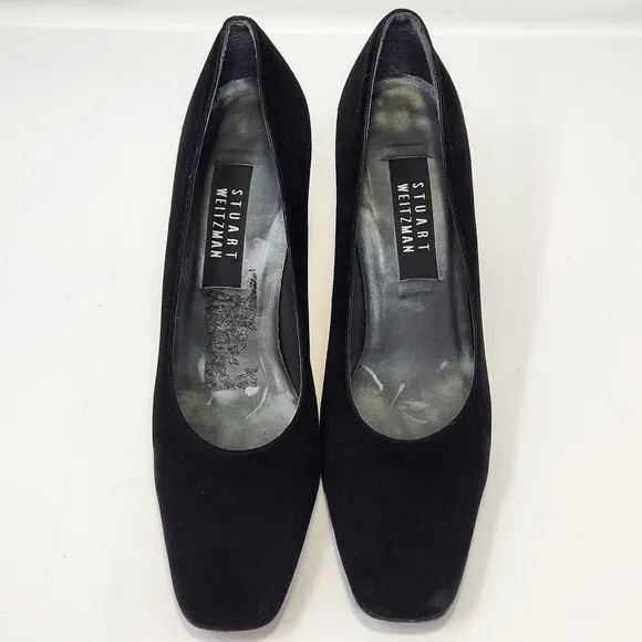 Stuart Weitzman Womens Black Suede Pumps Heels Size 9 M Square Toe Heel Classic