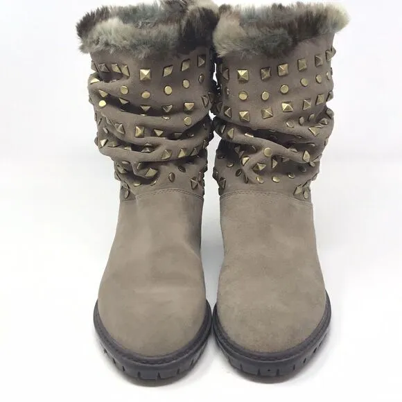 Stuart Weitzman Womens Size 6.5 N Taupe Suede Leather Studded Ankle Boots Fur
