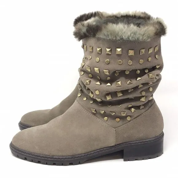 Stuart Weitzman Womens Size 6.5 N Taupe Suede Leather Studded Ankle Boots Fur